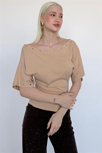 Taş Rengi Off Shoulder Metal Detaylı Kadın Bluz MG2671