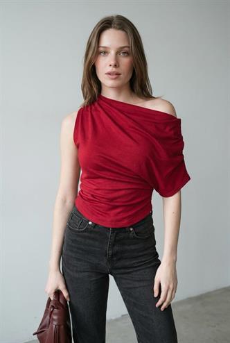 Bordo Tek Omuz Modern Kesim Şık Kadın Bluz MG2669