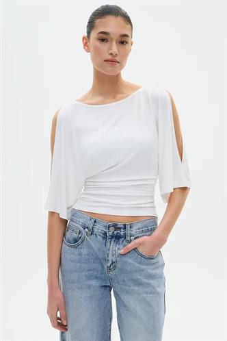 Beyaz Belden Büzgülü Yarasa Kollu Açık Omuz Bluz MG2672