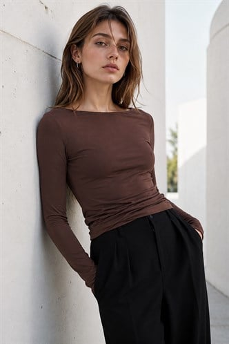 Kahverengi Kayık Yaka Basic Kadın Body MG1997
