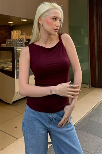 Bordo Omzu Büzgülü Kadın Şık Bluz MG2688
