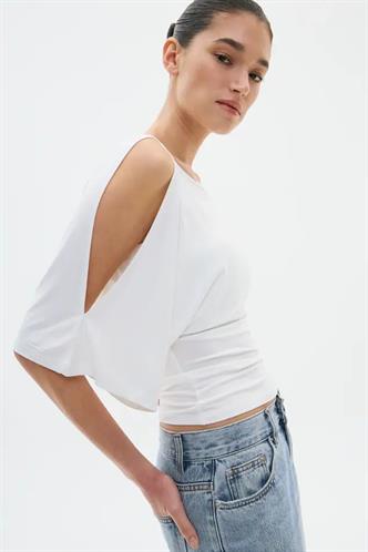 Beyaz Belden Büzgülü Yarasa Kollu Açık Omuz Bluz MG2672
