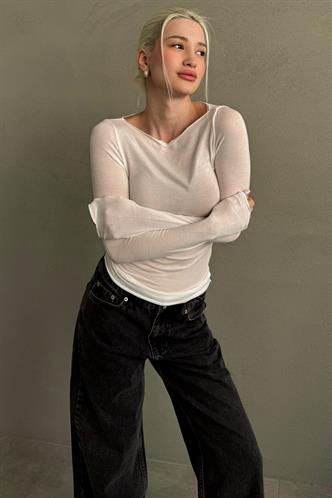 Beyaz Kayık Yaka Transparan Kadın Bluz MG2663