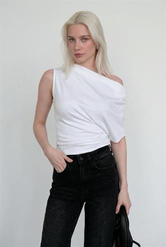 Beyaz Tek Omuz Modern Kesim Şık Kadın Bluz MG2669