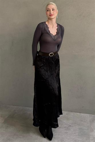 Füme V Yaka Dantelli Transparan Kadın Bluz MG2662