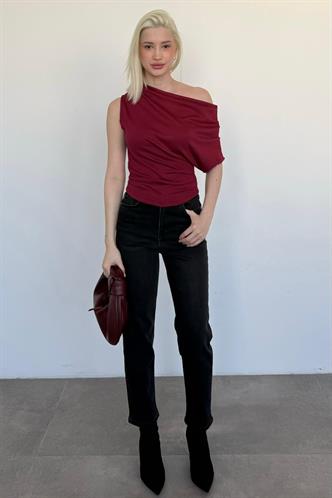 Bordo Tek Omuz Modern Kesim Şık Kadın Bluz MG2669