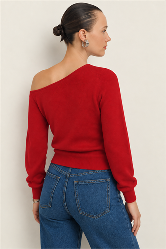 Kırmızı Modern Kayık Yaka Triko Bluz MG2804