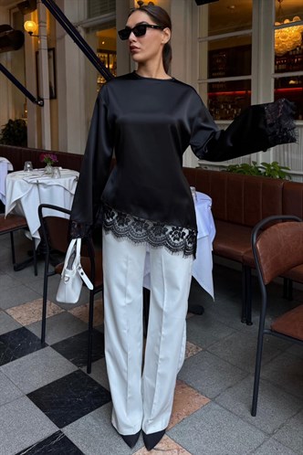 Siyah Asimetrik Dantelli Uzun Kollu Saten Bluz MG2799