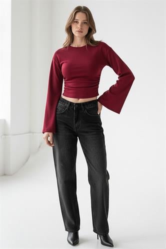 Bordo Bisiklet Yaka Yanları Büzgülü Geniş Kollu Kadın Bluz MG2628