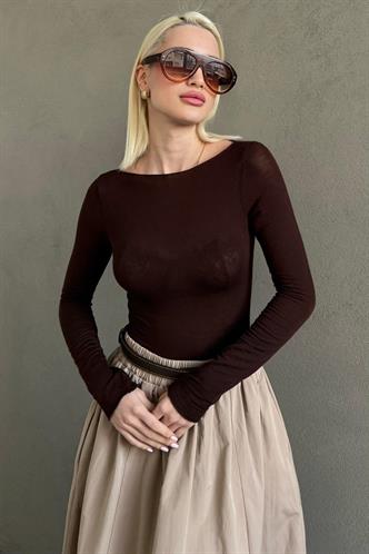 Kahverengi Kayık Yaka Transparan Kadın Bluz MG2663