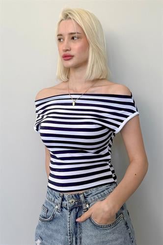Lacivert Düşük Omuz Çizgili Bluz Mg2467