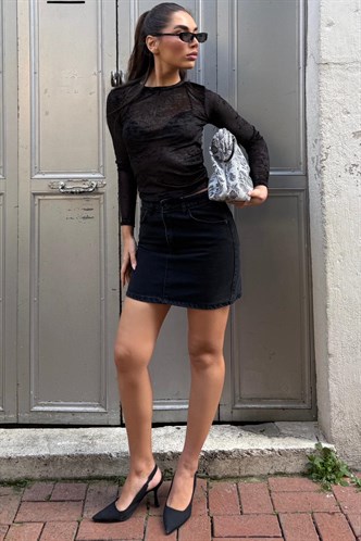 Siyah Transparan Kadife Dokulu Kadın Bluz MG2730