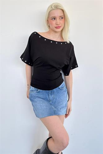 Siyah Off Shoulder Metal Detaylı Kadın Bluz MG2671