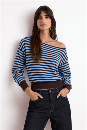 Mavi Çzigli Modern Kayık Yaka Triko Bluz MG2804