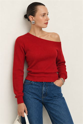 Kırmızı Modern Kayık Yaka Triko Bluz MG2804