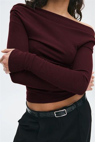 Bordo Kadın Off Shoulder Uzun Kollu Bluz MG2567