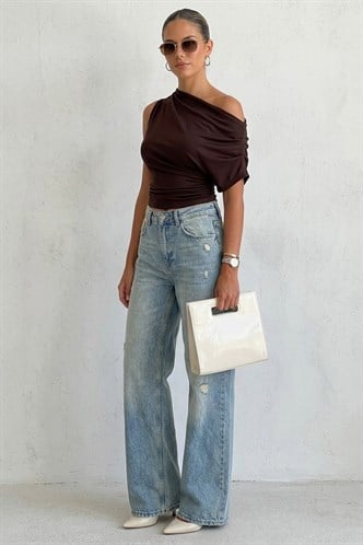 Kahverengi Tek Omuz Modern Kesim Şık Kadın Bluz MG2669