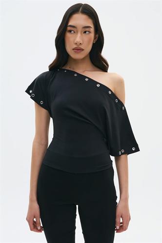 Siyah Off Shoulder Metal Detaylı Kadın Bluz MG2671