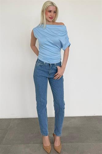 Mavi Tek Omuz Modern Kesim Şık Kadın Bluz MG2669