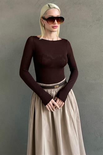 Kahverengi Kayık Yaka Transparan Kadın Bluz MG2663