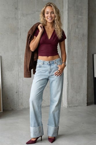 Bordo Büzgülü Kruvaze Yaka Sandy Bluz MG2781