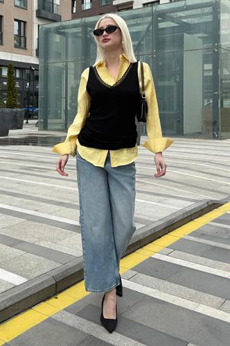 Siyah V Yaka Dantelli Kadın Bluz Mg2426