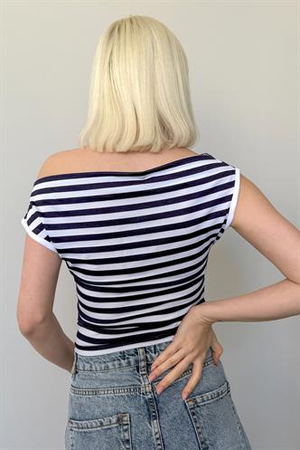 Lacivert Düşük Omuz Çizgili Bluz Mg2467