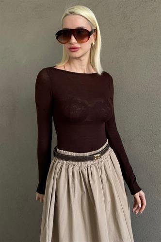 Kahverengi Kayık Yaka Transparan Kadın Bluz MG2663