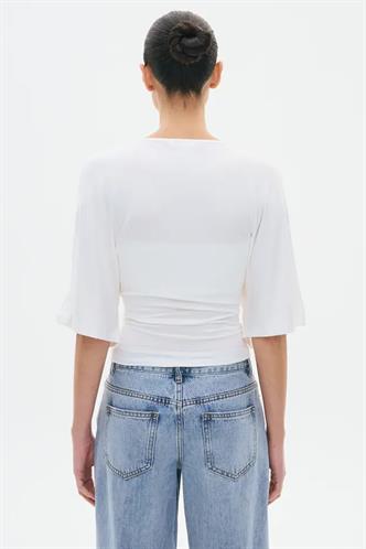 Beyaz Belden Büzgülü Yarasa Kollu Açık Omuz Bluz MG2672
