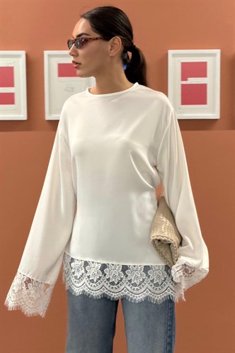 Beyaz Asimetrik Dantelli Uzun Kollu Saten Bluz MG2799