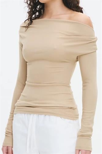 Bej Kadın Off Shoulder Uzun Kollu Bluz MG2567