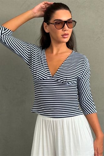 Lacivert Çizgili V Yaka Slim Fit Kadın Bluz MG2887