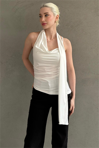 Beyaz Degaje Yaka Atkılı Şık Kadın Bluz MG2650