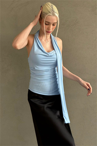 Mavi Degaje Yaka Atkılı Şık Kadın Bluz MG2650