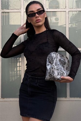 Siyah Transparan Kadife Dokulu Kadın Bluz MG2730