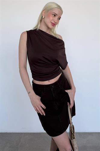 Kahverengi Tek Omuz Modern Kesim Şık Kadın Bluz MG2669
