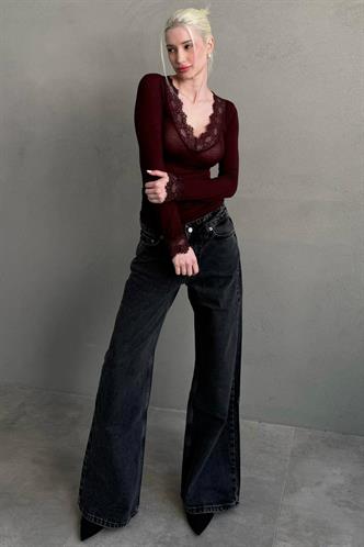 Bordo V Yaka Dantelli Transparan Kadın Bluz MG2662