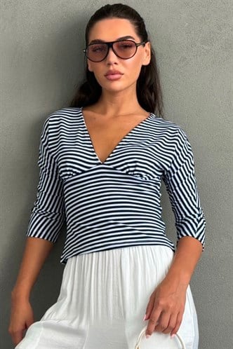 Lacivert Çizgili V Yaka Slim Fit Kadın Bluz MG2887