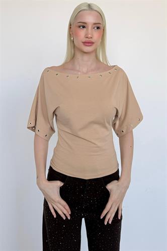 Taş Rengi Off Shoulder Metal Detaylı Kadın Bluz MG2671