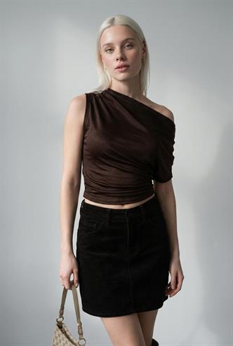 Kahverengi Tek Omuz Modern Kesim Şık Kadın Bluz MG2669