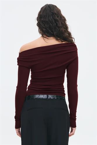 Bordo Kadın Off Shoulder Uzun Kollu Bluz MG2567
