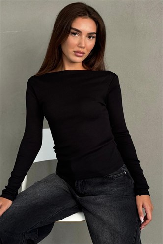 Siyah Kayık Yaka Fitilli Slim Fit Kadın Bluz MG2909  
