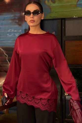 Bordo Asimetrik Dantelli Uzun Kollu Saten Bluz MG2799