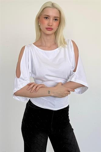 Beyaz Belden Büzgülü Yarasa Kollu Açık Omuz Bluz MG2672