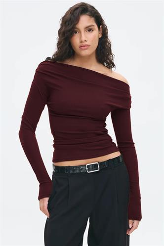 Bordo Kadın Off Shoulder Uzun Kollu Bluz MG2567