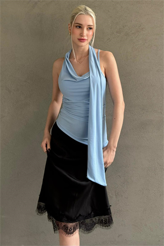 Mavi Degaje Yaka Atkılı Şık Kadın Bluz MG2650