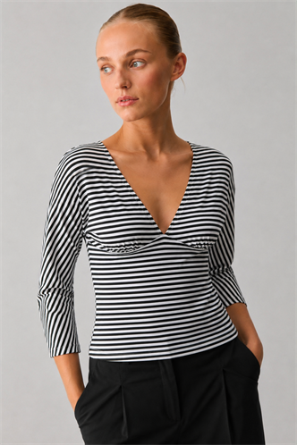 Siyah Çizgili V Yaka Slim Fit Kadın Bluz MG2887