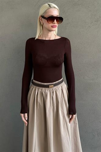 Kahverengi Kayık Yaka Transparan Kadın Bluz MG2663