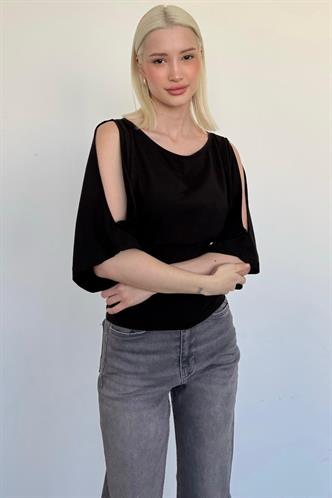 Siyah Belden Büzgülü Yarasa Kollu Açık Omuz Bluz MG2672