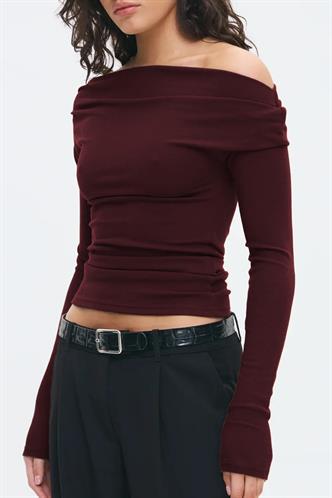 Bordo Kadın Off Shoulder Uzun Kollu Bluz MG2567